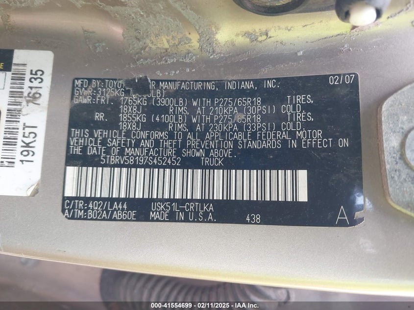 2007 TOYOTA TUNDRA VIN: 5TBRV58197S452452