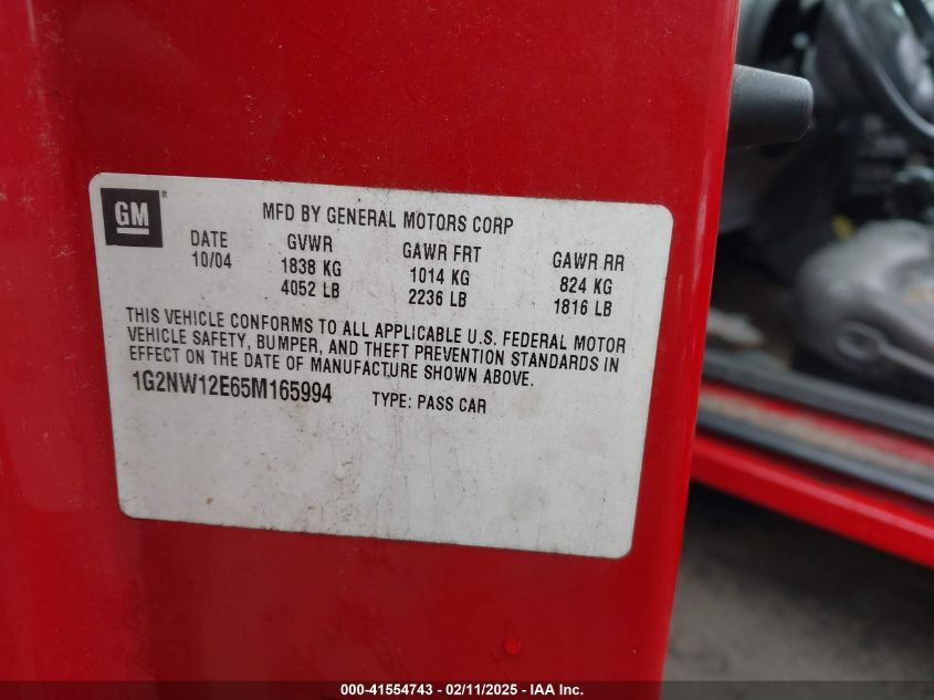 2005 Pontiac Grand Am Gt VIN: 1G2NW12E65M165994 Lot: 41554743