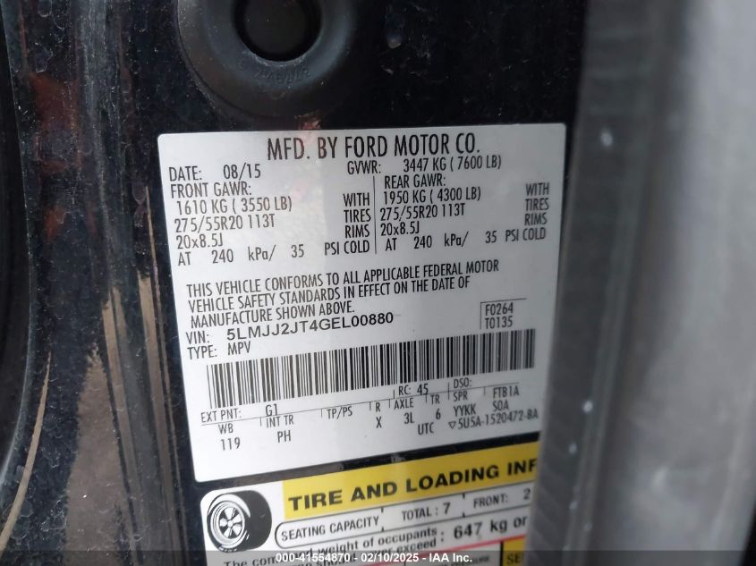 2016 Lincoln Navigator Select VIN: 5LMJJ2JT4GEL00880 Lot: 41554870