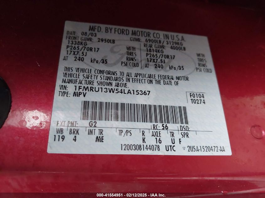 2004 Ford Expedition Xls VIN: 1FMRU13W54LA15367 Lot: 41554951