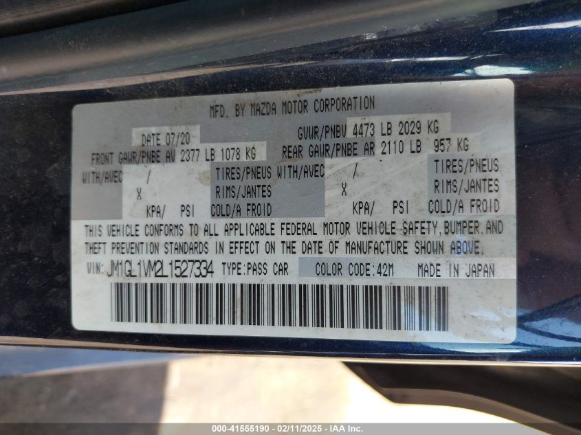2020 Mazda Mazda6 Touring VIN: JM1GL1VM2L1527334 Lot: 41555190