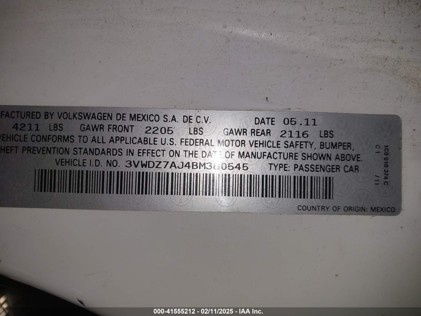 2011 VOLKSWAGEN JETTA VIN: 3VWDZ7AJ4BM380545