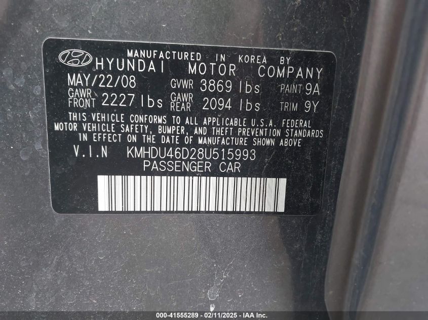 2008 Hyundai Elantra Gls/Se VIN: KMHDU46D28U515993 Lot: 41555289