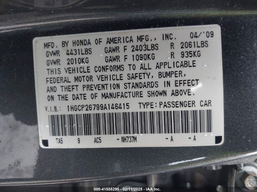 2009 Honda Accord 2.4 Ex VIN: 1HGCP26799A146415 Lot: 41555295