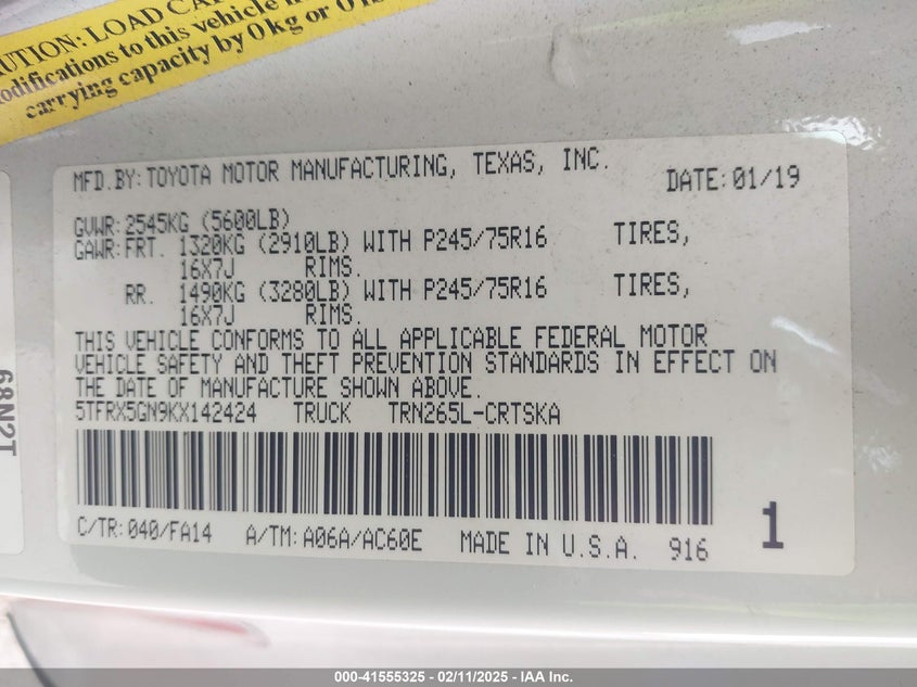 2019 Toyota Tacoma Sr VIN: 5TFRX5GN9KX142424 Lot: 41555325