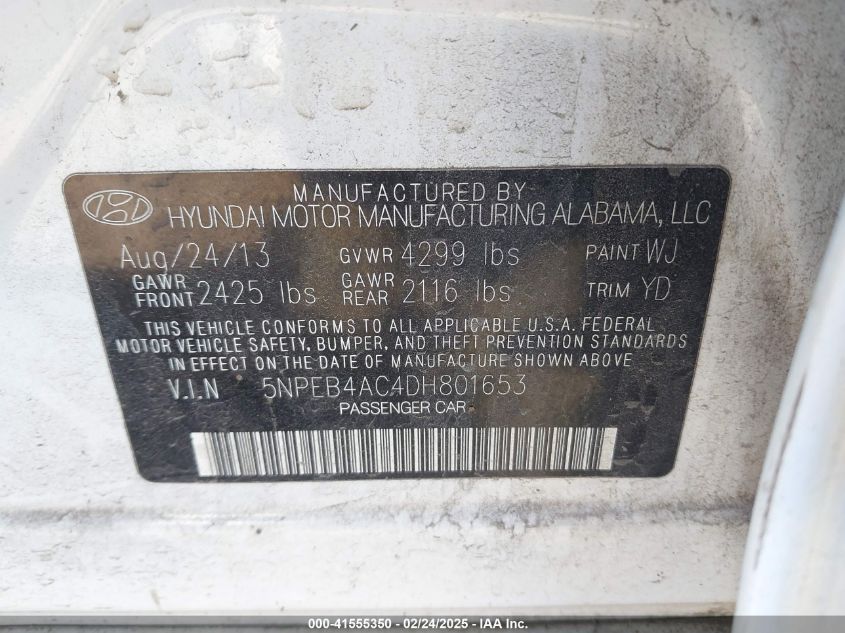 2013 Hyundai Sonata Gls VIN: 5NPEB4AC4DH801653 Lot: 41555350