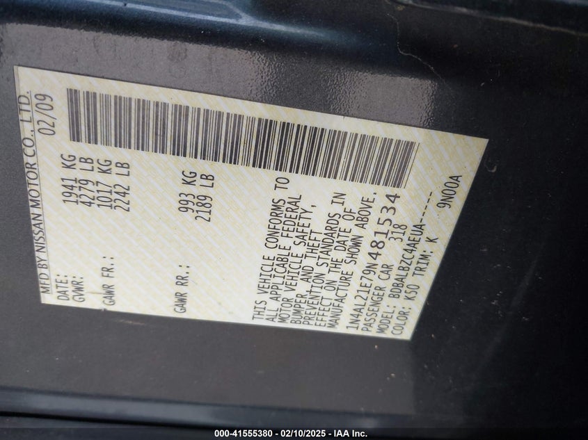 2009 NISSAN ALTIMA VIN: 1N4AL21E79N481534