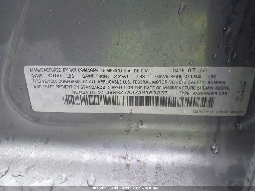 2010 VOLKSWAGEN JETTA VIN: 3VWRZ7AJ7AM163267