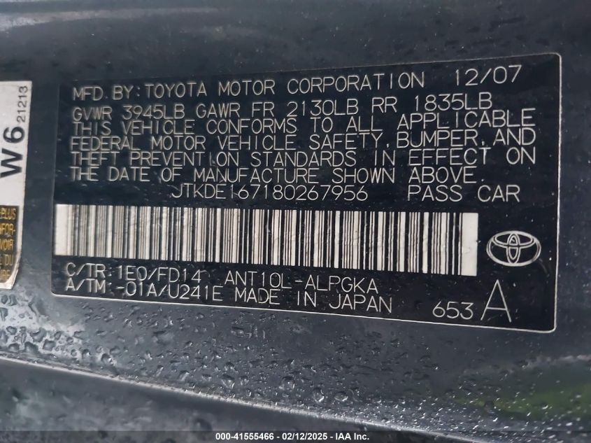 2008 Scion Tc VIN: JTKDE167180267956 Lot: 43190460