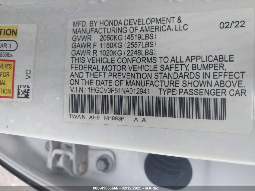 2022 Honda Accord Hybrid Ex-L VIN: 1HGCV3F51NA012941 Lot: 41555666