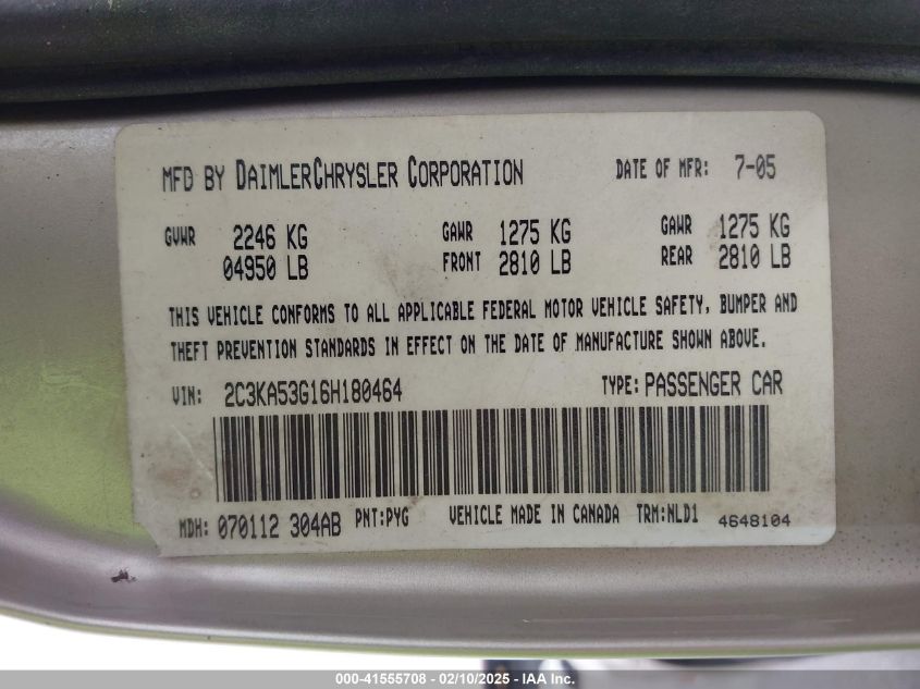 2006 Chrysler 300 Touring VIN: 2C3KA53G16H180464 Lot: 41555708