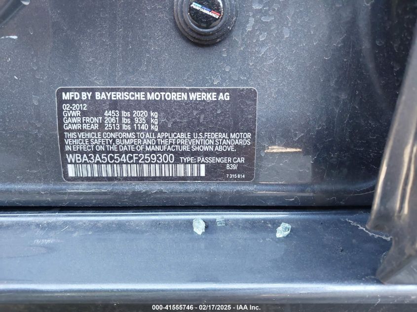 2012 BMW 328I VIN: WBA3A5C54CF259300 Lot: 41555746
