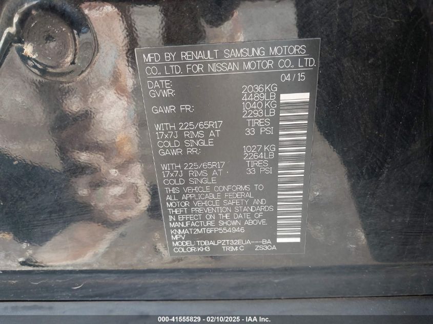 2015 Nissan Rogue S VIN: KNMAT2MT6FP554946 Lot: 41555829