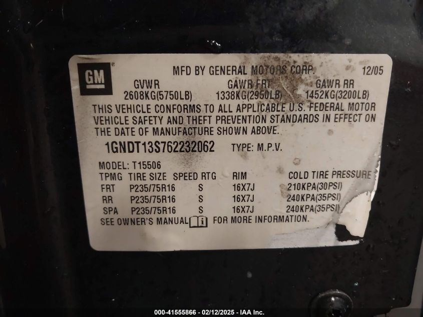 2006 Chevrolet Trailblazer Ls VIN: 1GNDT13S762232062 Lot: 41555866