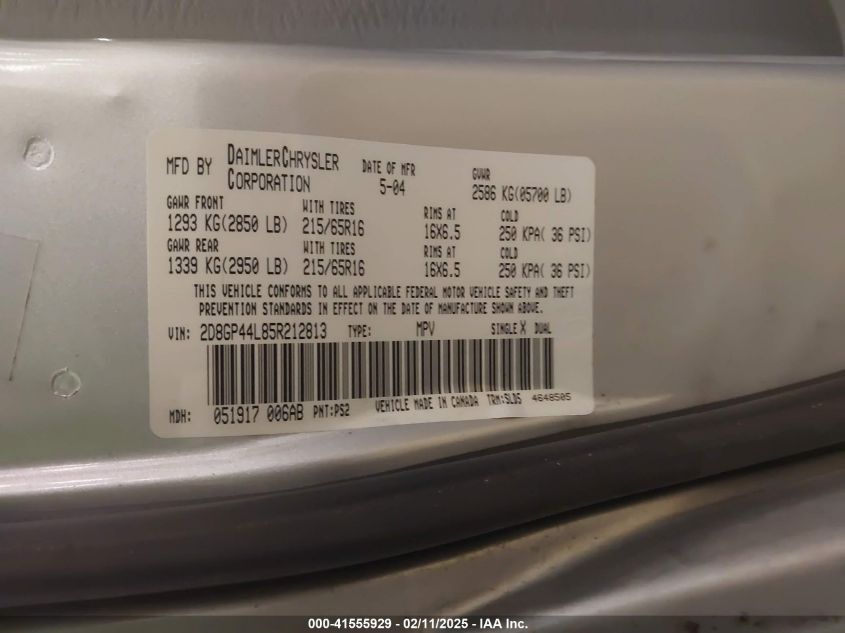 2005 Dodge Grand Caravan Sxt VIN: 2D8GP44L85R212813 Lot: 41555929