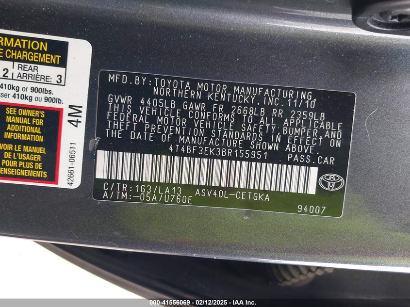2011 TOYOTA CAMRY VIN: 4T4BF3EK3BR155951
