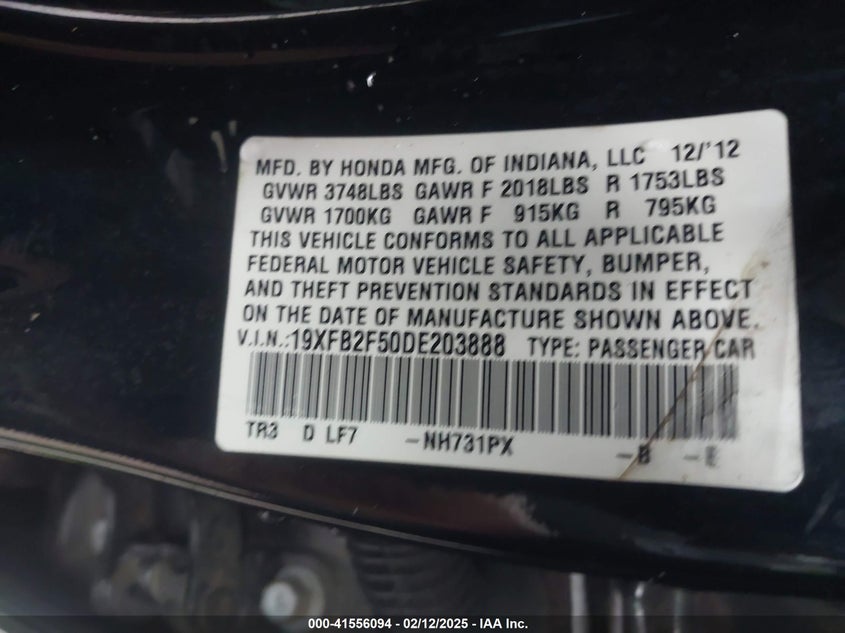 2013 HONDA CIVIC VIN: 19XFB2F50DE203888