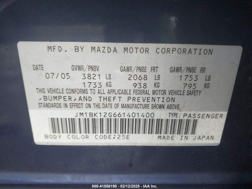 2006 Mazda 3 VIN: JM1VK12G661401400 Lot: 41556198