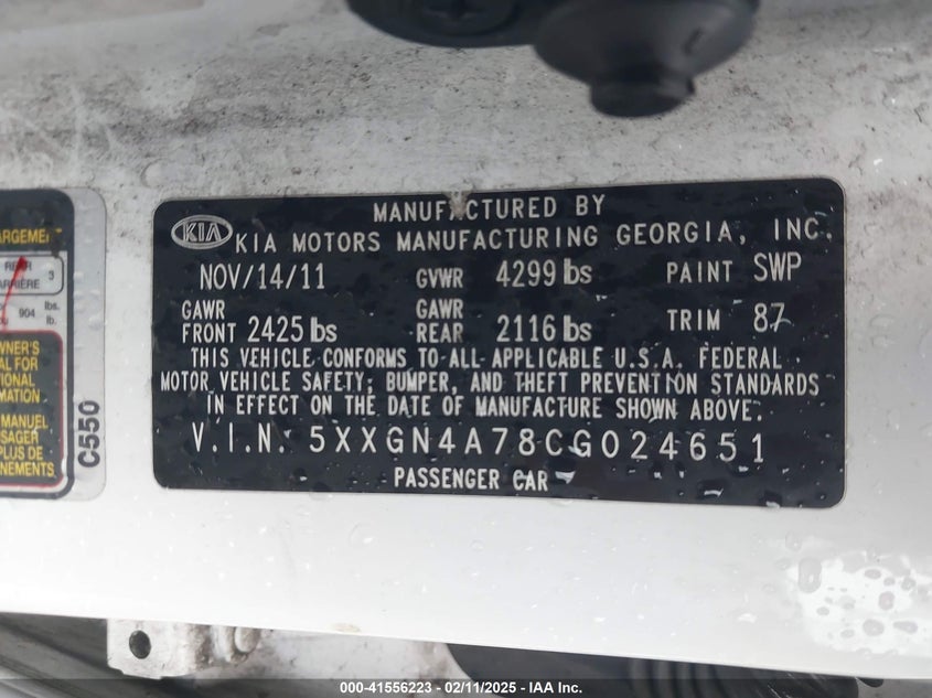 2012 KIA OPTIMA VIN: 5XXGN4A78CG024651