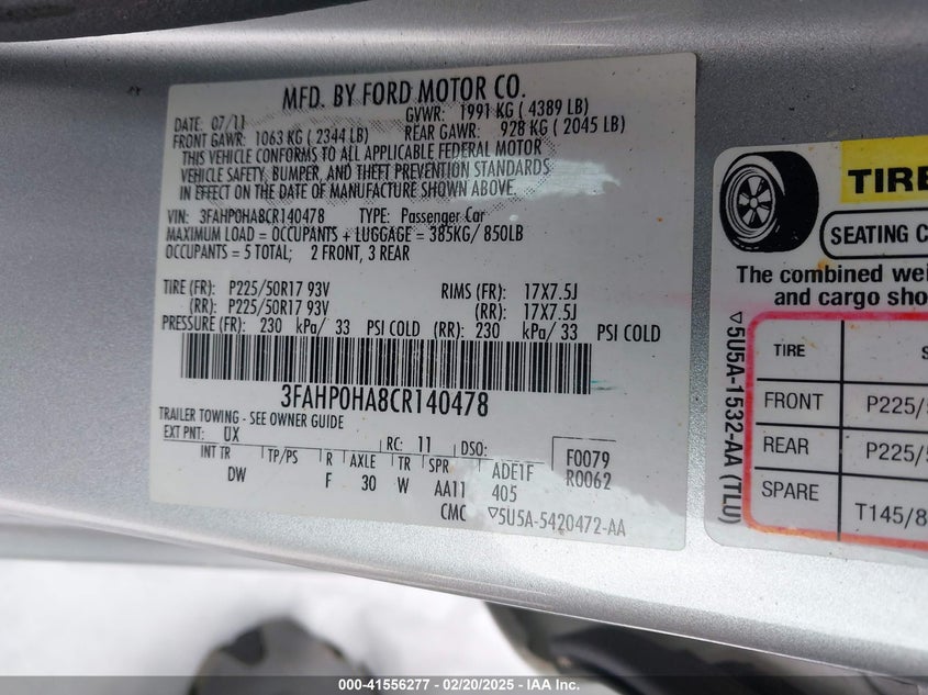 2012 FORD FUSION VIN: 3FAHP0HA8CR140478
