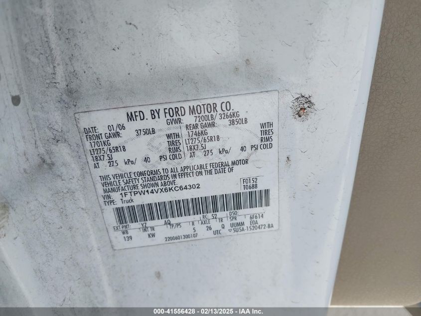 2006 Ford F-150 Fx4/Lariat/Xlt VIN: 1FTPW14VX6KC64302 Lot: 41556428