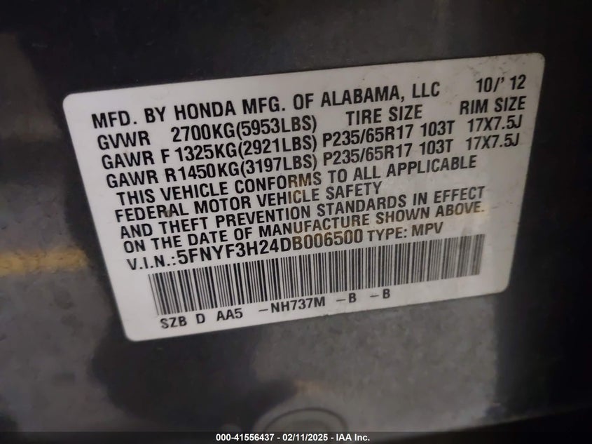 2013 HONDA PILOT LX - 5FNYF3H24DB006500