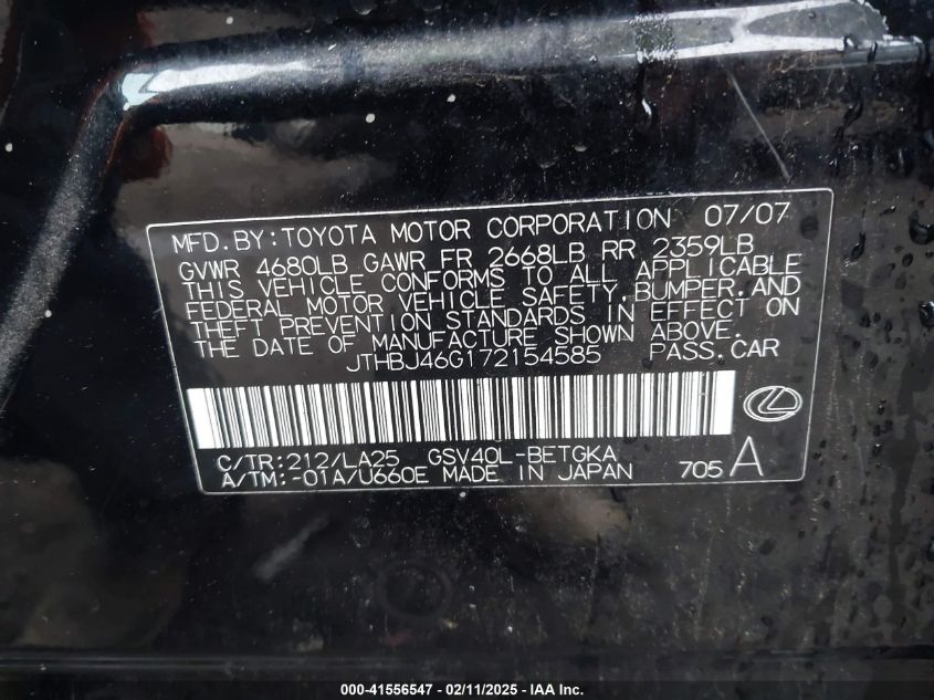 2007 Lexus Es 350 VIN: JTHBJ46G172154585 Lot: 41556547