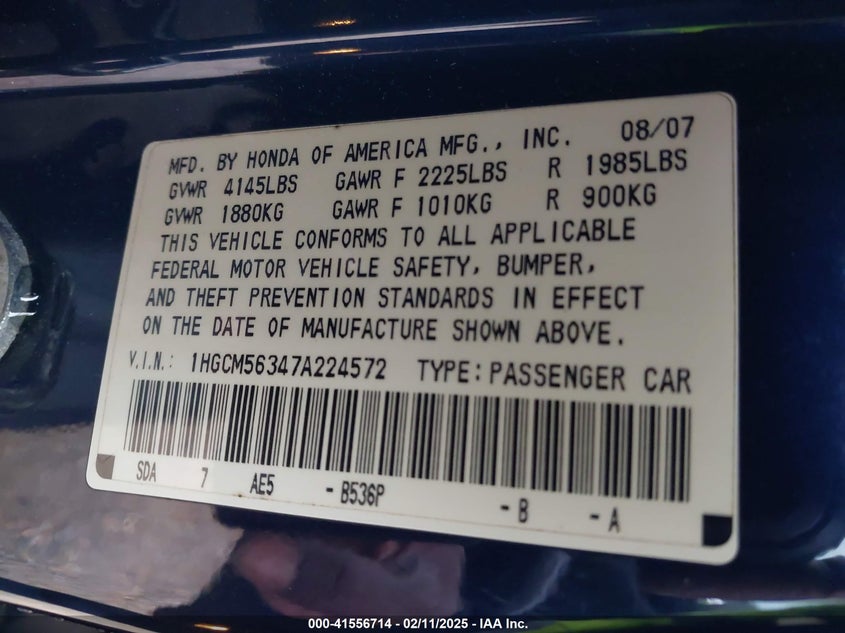 2007 HONDA ACCORD VIN: 1HGCM56347A224572