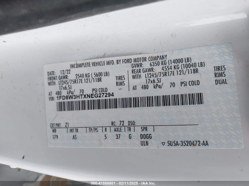 2022 Ford F-350 Chassis Xl VIN: 1FD8W3HTXNEG27294 Lot: 41556801