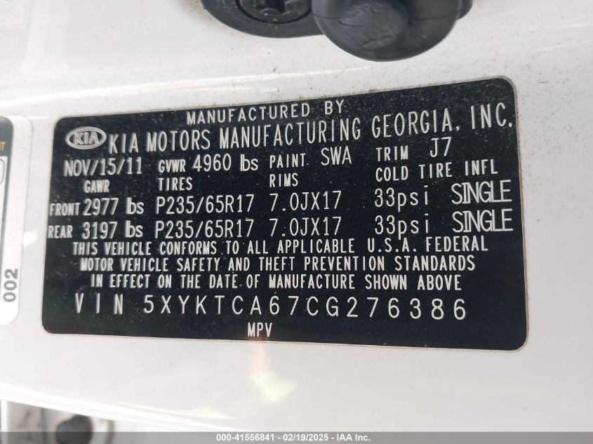 2012 Kia Sorento Lx VIN: 5XYKTCA67CG276386 Lot: 41556841