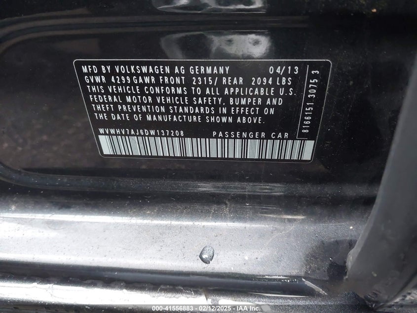 2013 VOLKSWAGEN GTI VIN: WVWHV7AJ6DW137208