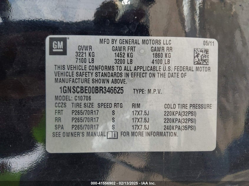 2011 CHEVROLET TAHOE VIN: 1GNSCBE00BR346625