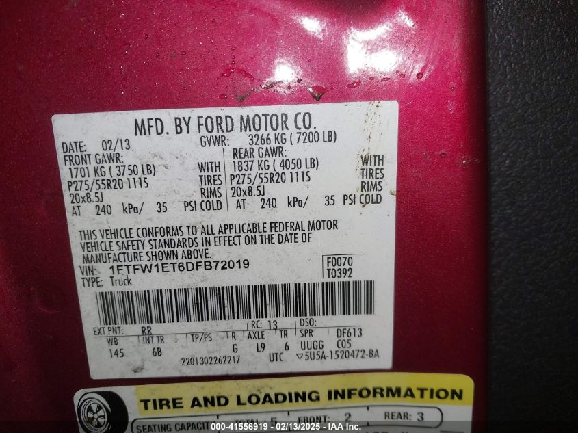 2013 Ford F-150 Fx4 VIN: 1FTFW1ET6DFB72019 Lot: 41556919