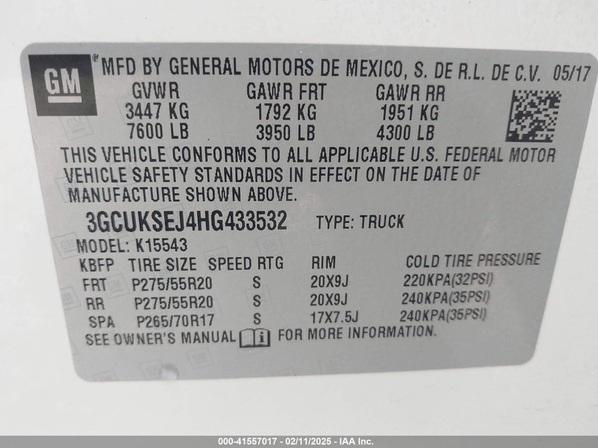 2017 CHEVROLET SILVERADO 1500 1LZ - 3GCUKSEJ4HG433532