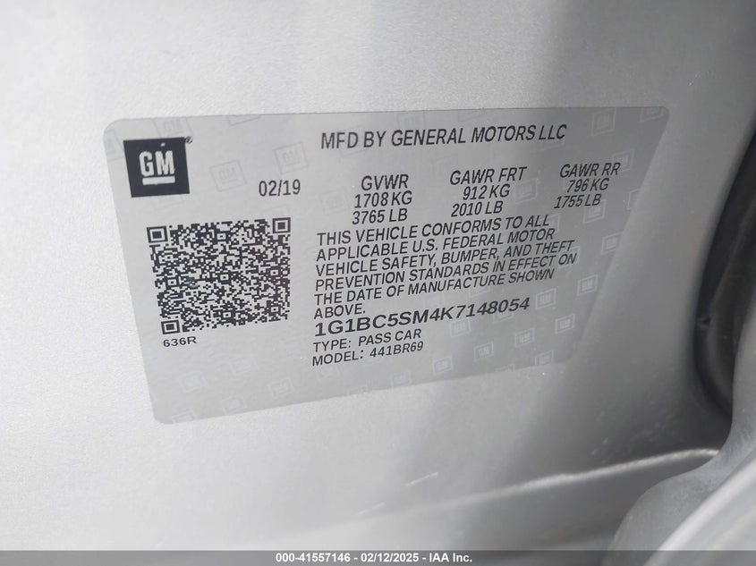 2019 CHEVROLET CRUZE VIN: 1G1BC5SM4K7148054