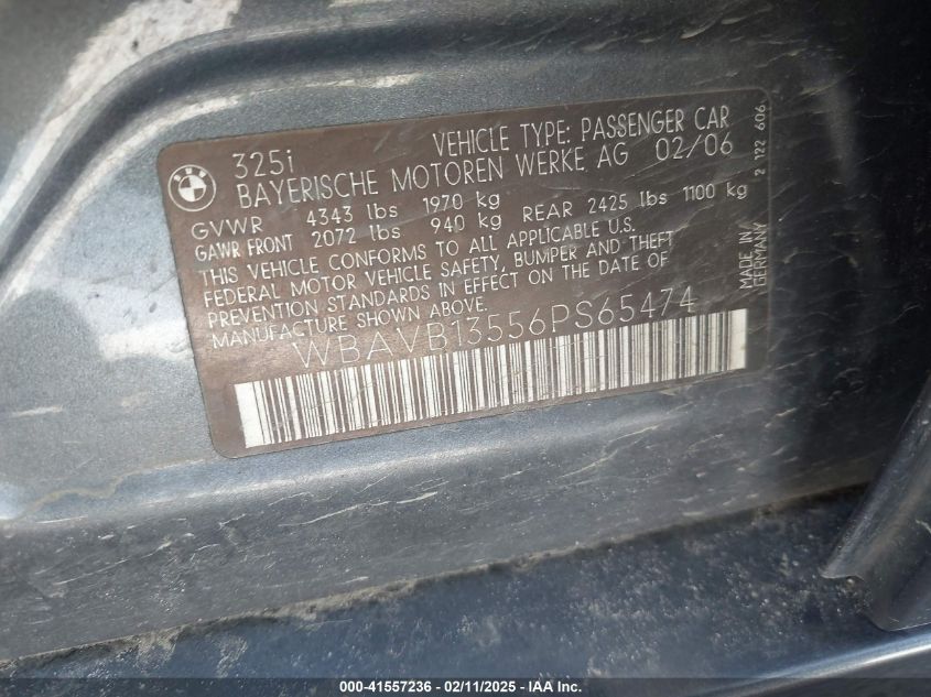 2006 BMW 325I VIN: WBAVB13556PS65474 Lot: 41557236