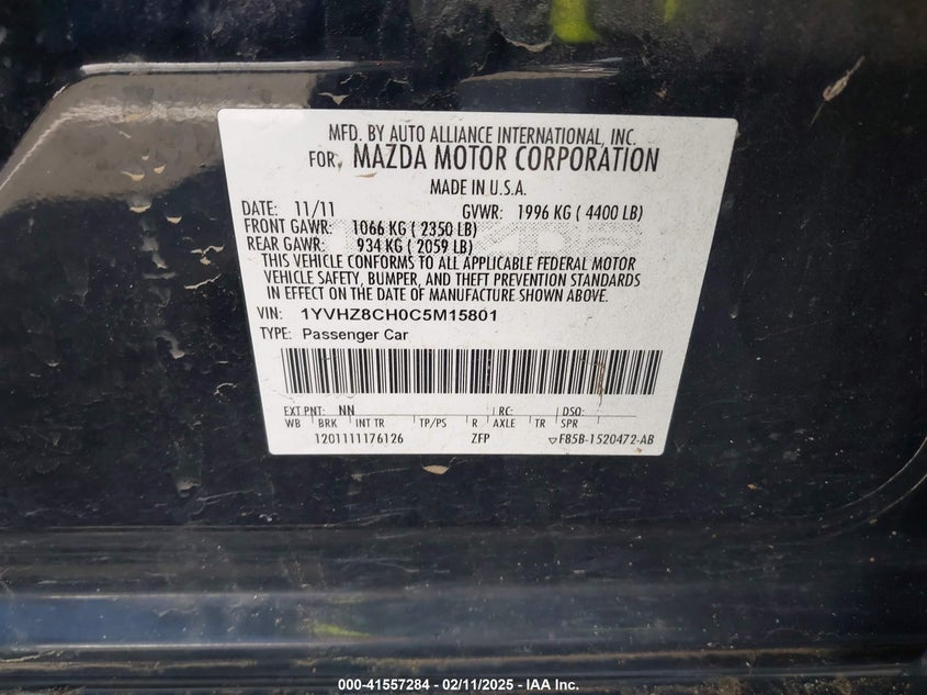2012 MAZDA MAZDA6 VIN: 1YVHZ8CH0C5M15801