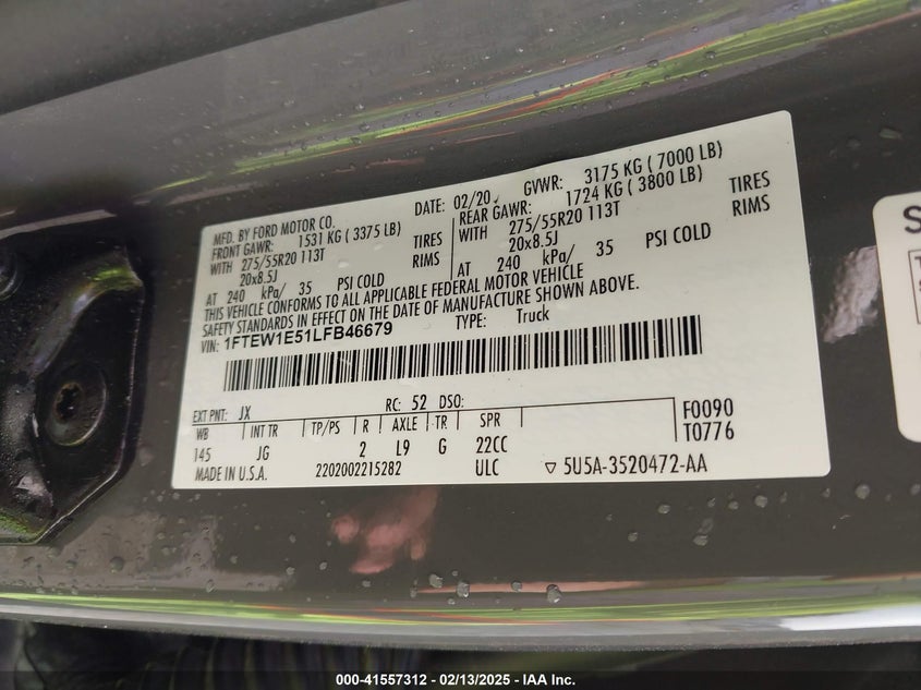 2020 FORD F-150 VIN: 1FTEW1E51LFB46679