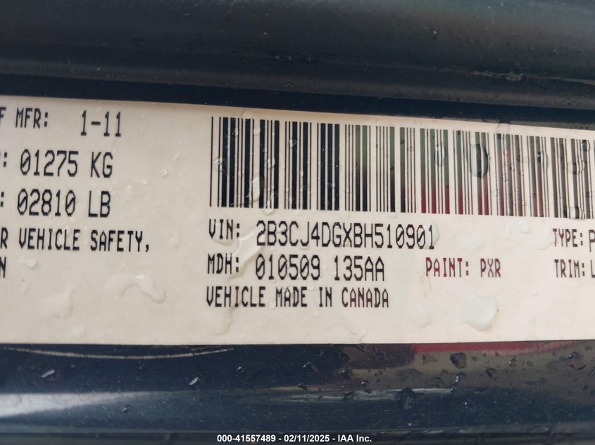 2011 DODGE CHALLENGER VIN: 2B3CJ4DGXBH510901