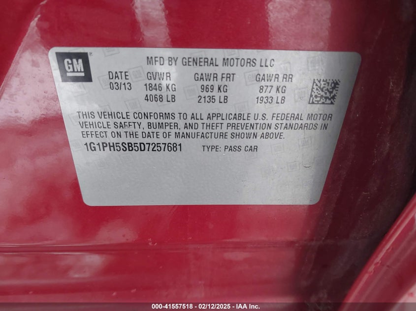 2013 CHEVROLET CRUZE VIN: 1G1PH5SB5D7257681