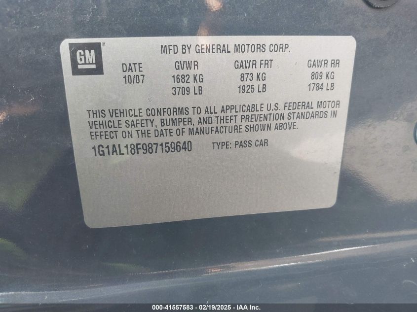 2008 Chevrolet Cobalt Lt VIN: 1G1AL18F987159640 Lot: 41557583