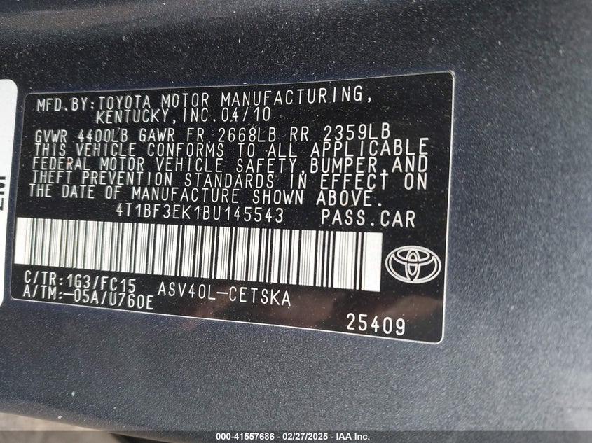 2011 TOYOTA CAMRY VIN: 4T1BF3EK1BU145543