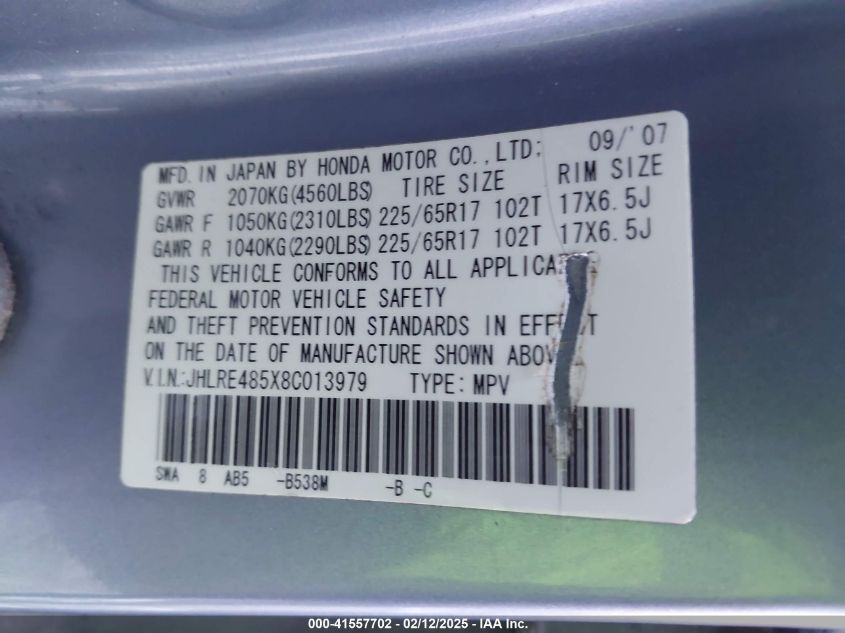 2008 Honda Cr-V Ex VIN: JHLRE485X8C01379 Lot: 41557702