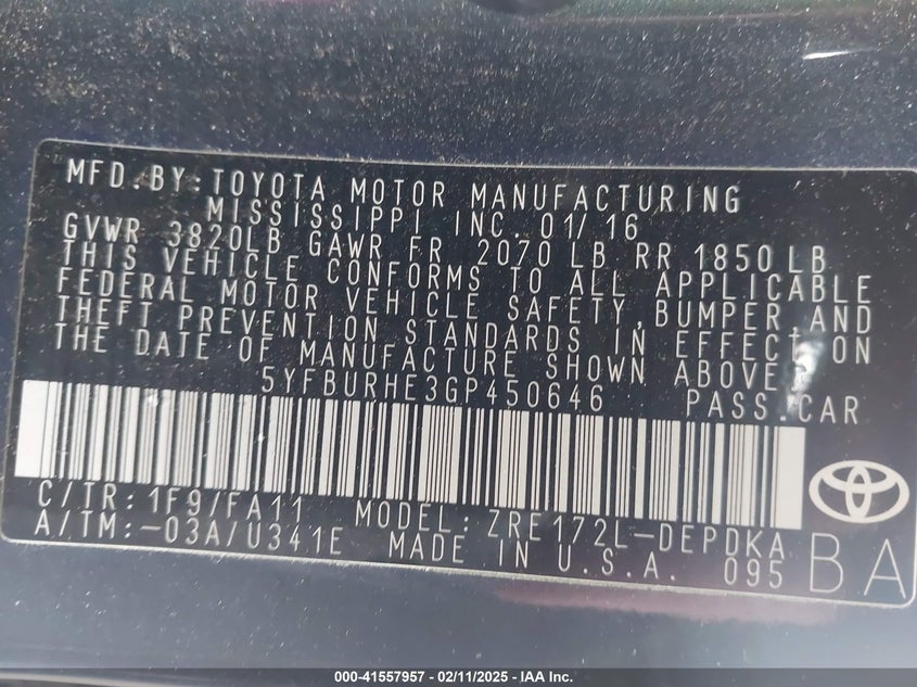 2016 TOYOTA COROLLA L - 5YFBURHE3GP450646