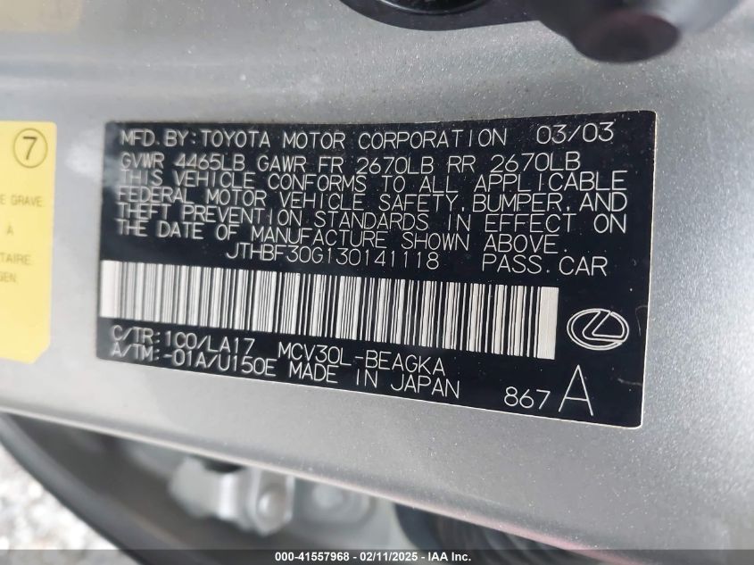 2003 Lexus Es 300 Base (A5) VIN: JTHBF30G130141118 Lot: 41557968