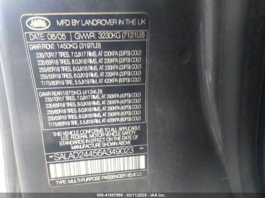 2006 Land Rover Lr3 V6 VIN: SALAD24456A349023 Lot: 41557995
