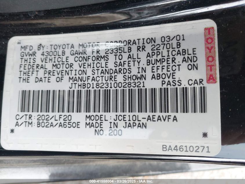 2001 Lexus Is 300 VIN: JTHBD182310028321 Lot: 41558004