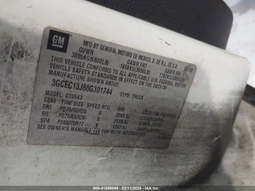 2008 Chevrolet Silverado 1500 Ltz VIN: 3GCEC13J88G301744 Lot: 41558049