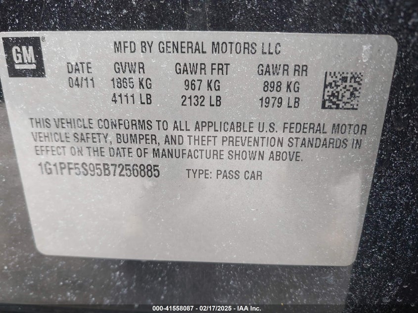 2011 CHEVROLET CRUZE VIN: 1G1PF5S95B7256885