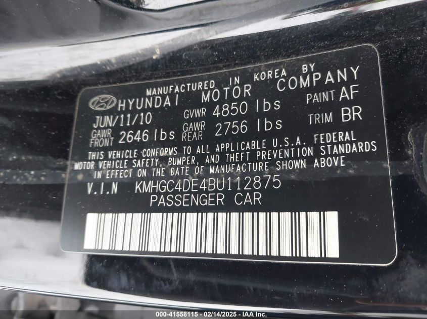 2011 Hyundai Genesis 3.8L VIN: KMHGC4DE4BU112875 Lot: 41558115